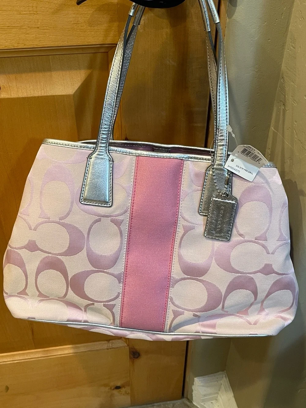 Pink Patterned Tote with Silver Trim and Top Frame Closure